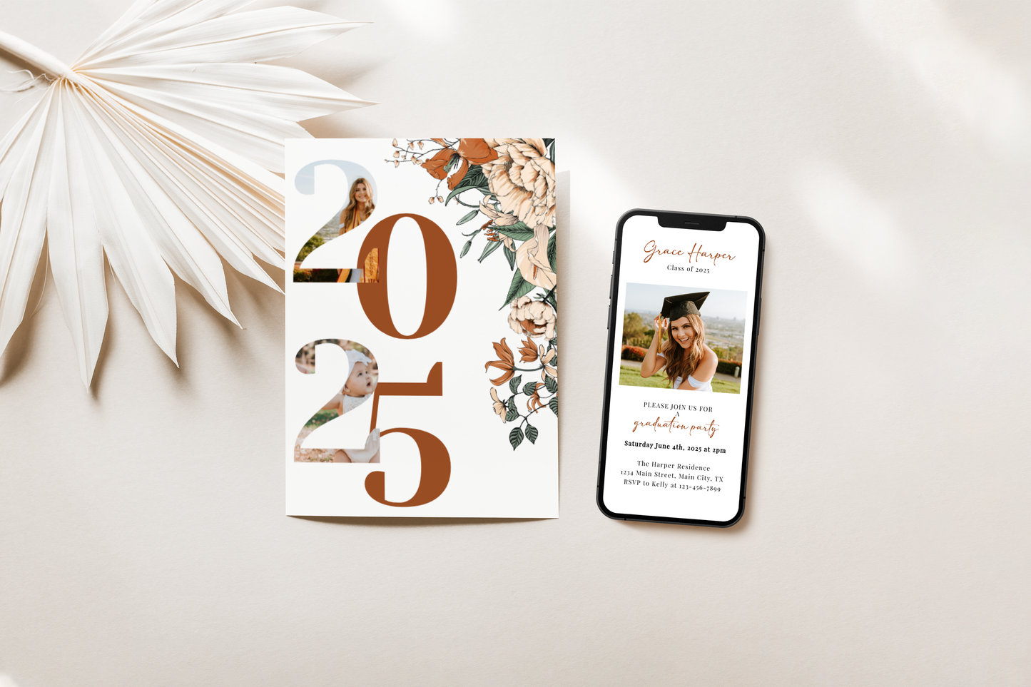 Burnt Orange and Cream Floral Graduation Party Invite EWP105