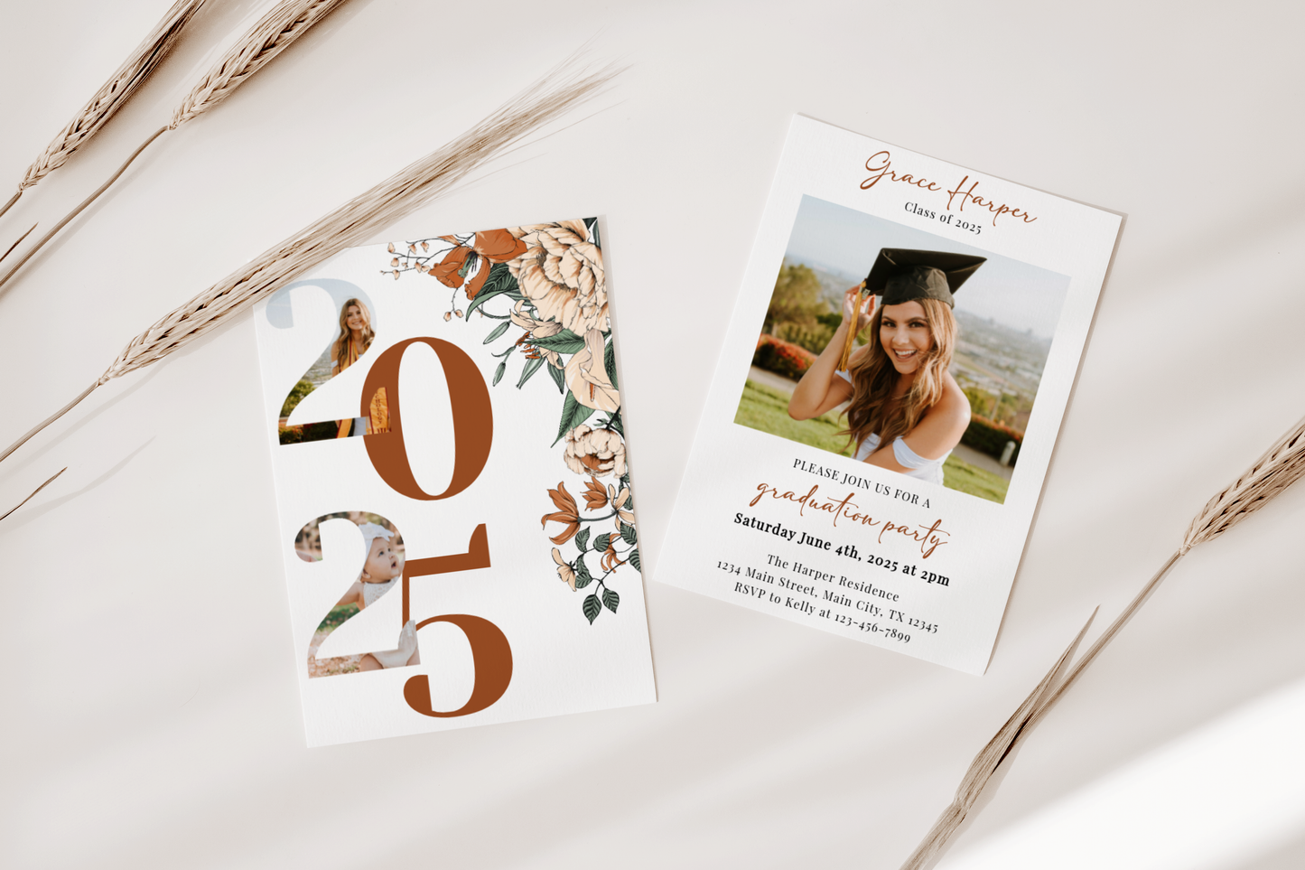 Burnt Orange and Cream Floral Graduation Party Invite EWP105