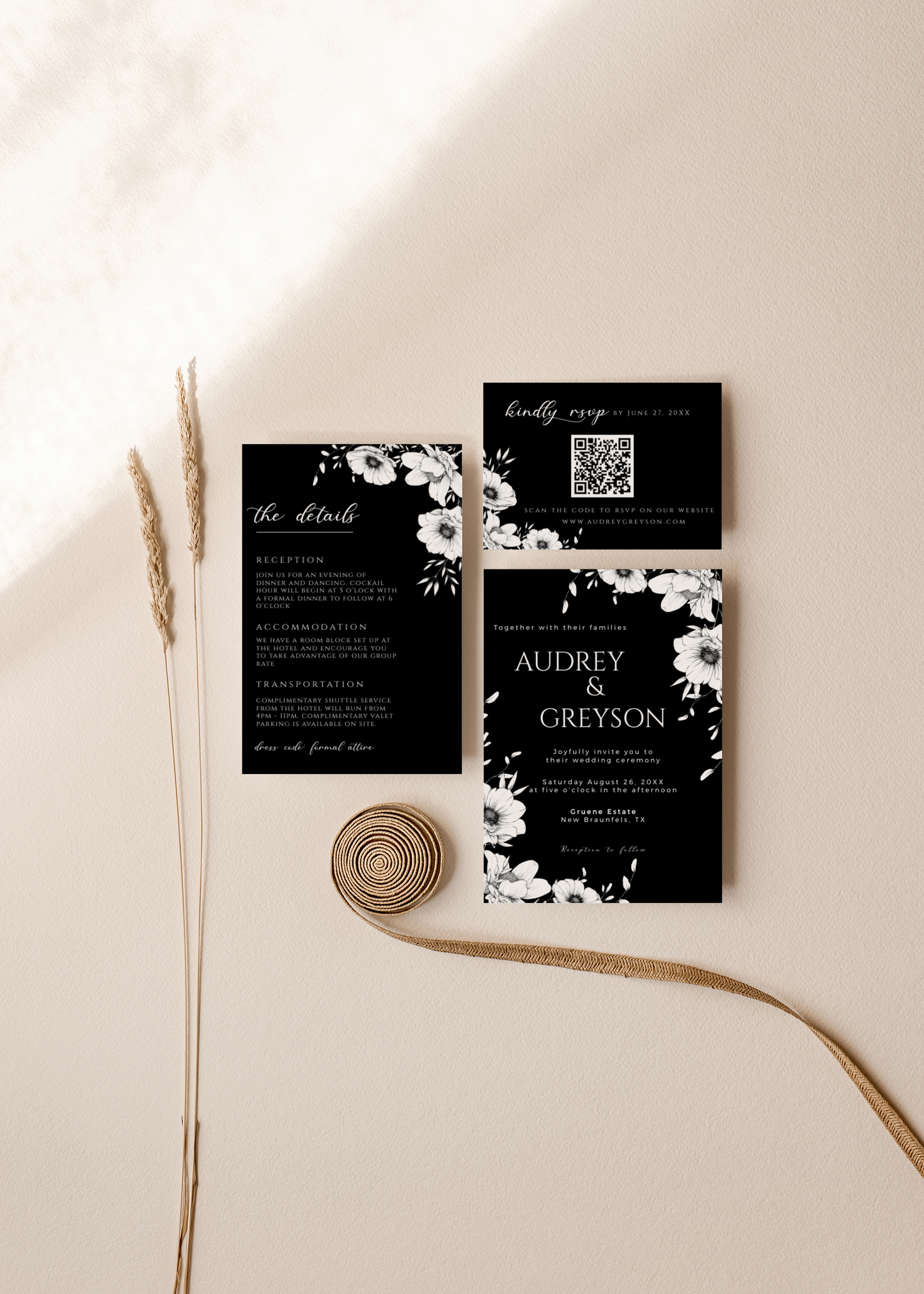 Black Anemone Wedding Invitation Suite