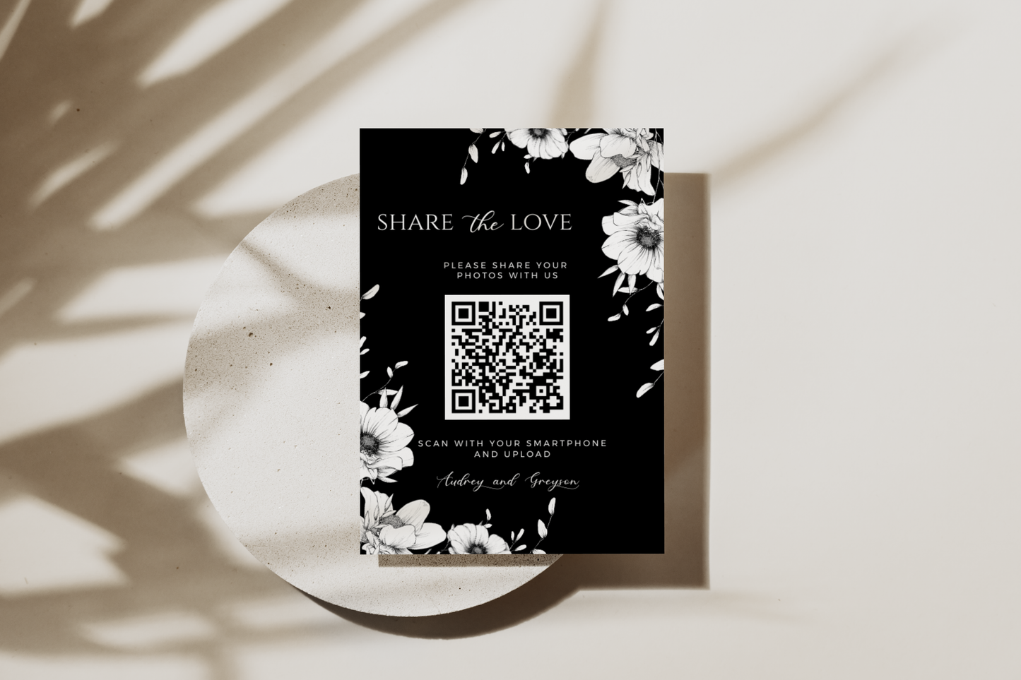 Share The Love Black Anemone Wedding Photo Sharing Sign With QR Code