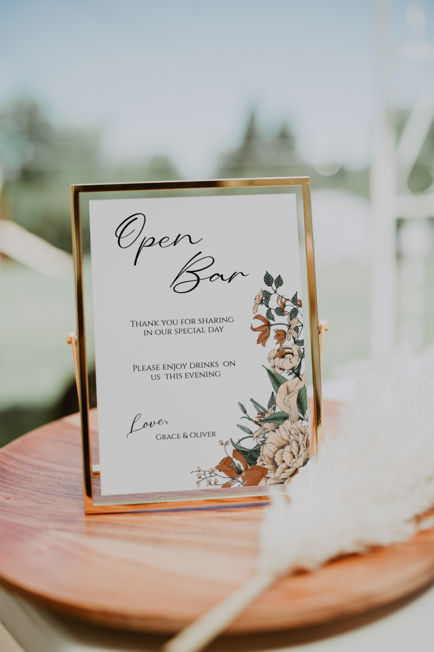 Cream and Burnt Orange Floral Open Bar Sign Template