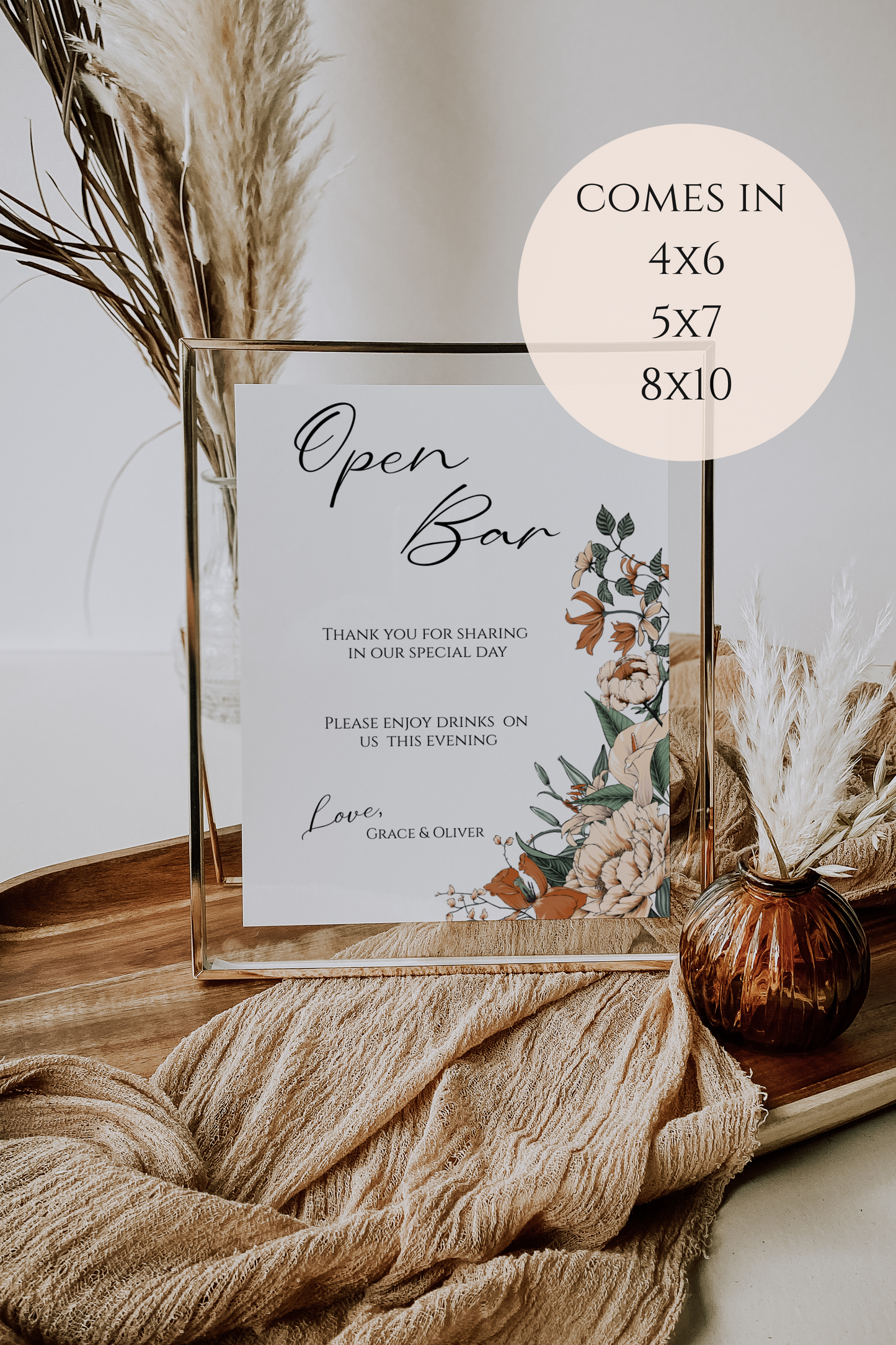 Cream and Burnt Orange Floral Open Bar Sign Template