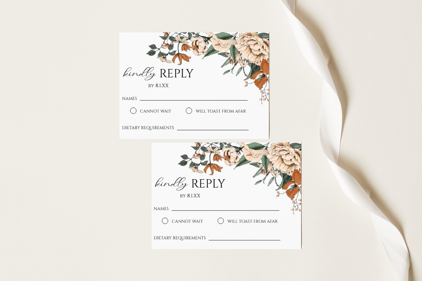 Cream and Burnt Orange Floral Wedding Invitation Suite