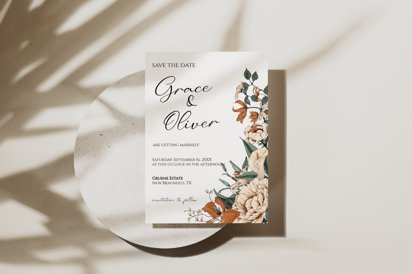 Cream and Burnt Orange Floral Save The Date Template