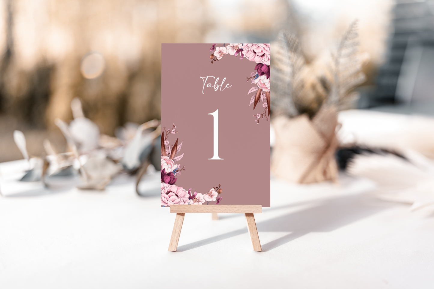 White, Light Pink and Mauve Floral Table Number Sign Template EWP004