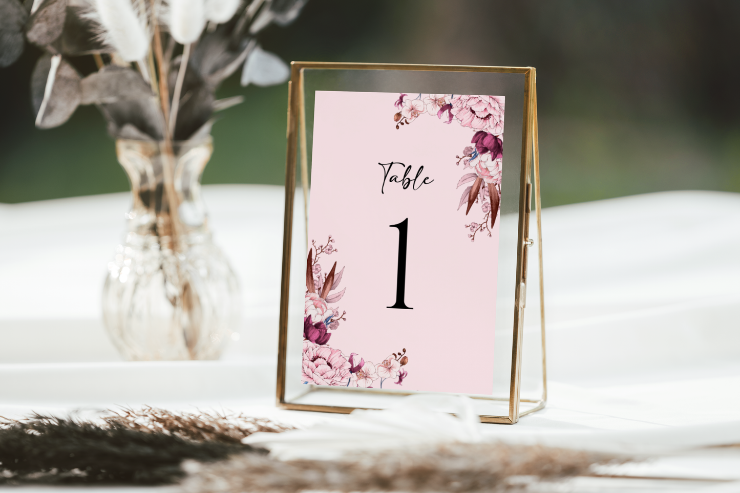 White, Light Pink and Mauve Floral Table Number Sign Template EWP004