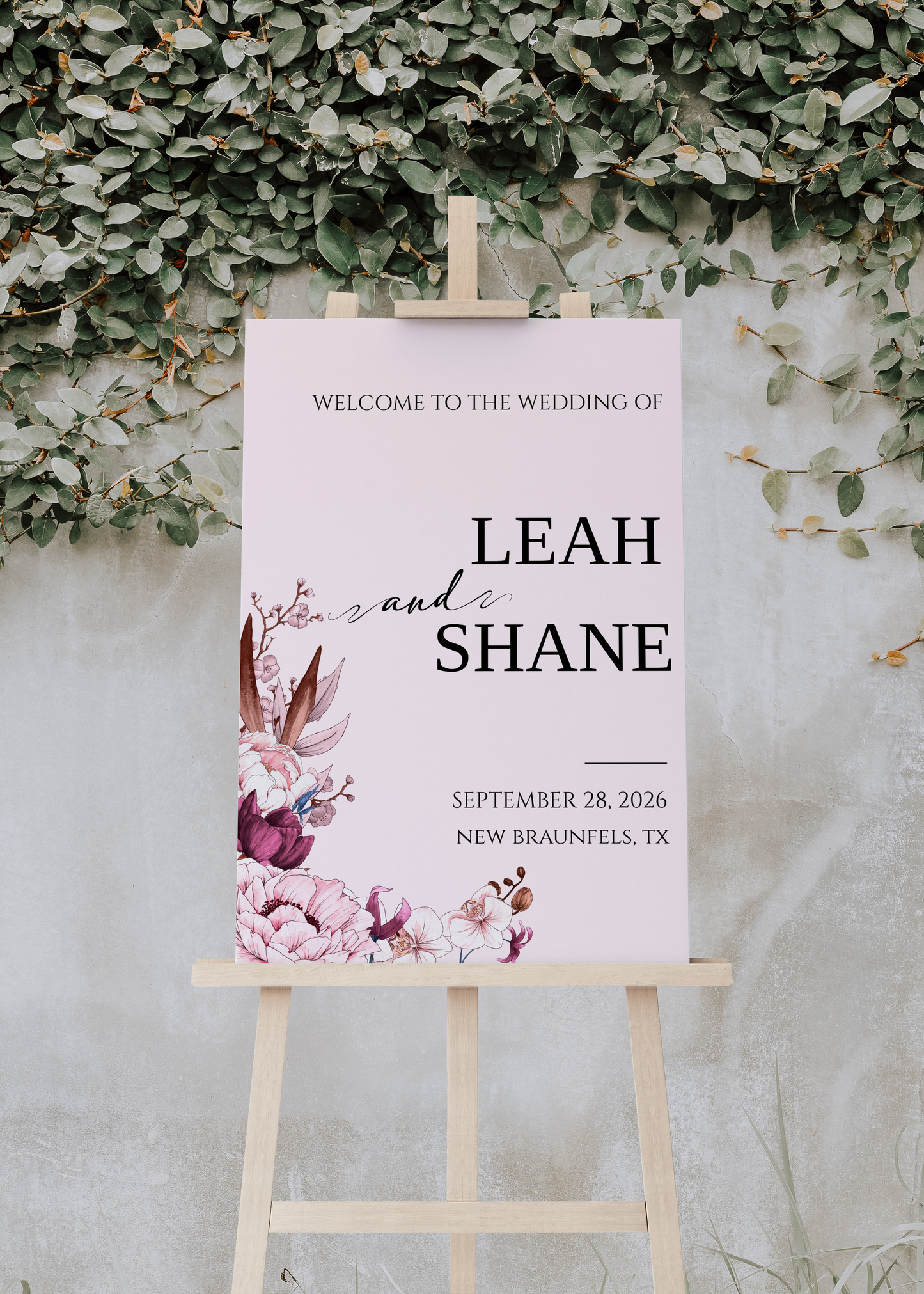 White, Light Pink and Mauve Floral Wedding Welcome Sign Template EWP004