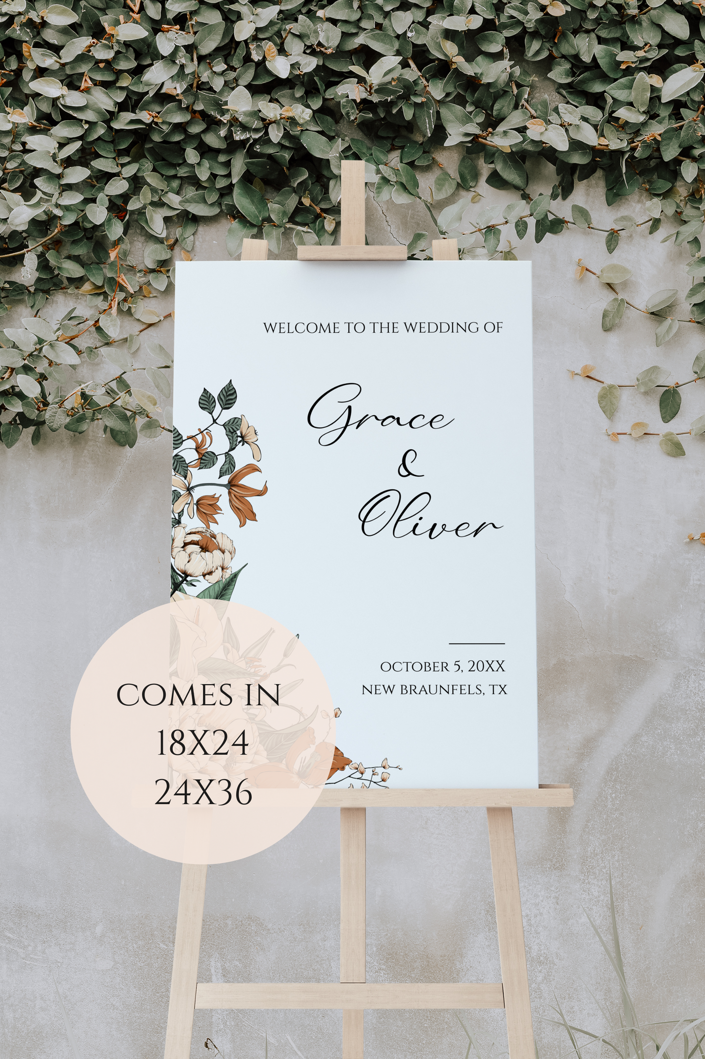 Cream and Burnt Orange Floral Wedding Welcome Sign Template