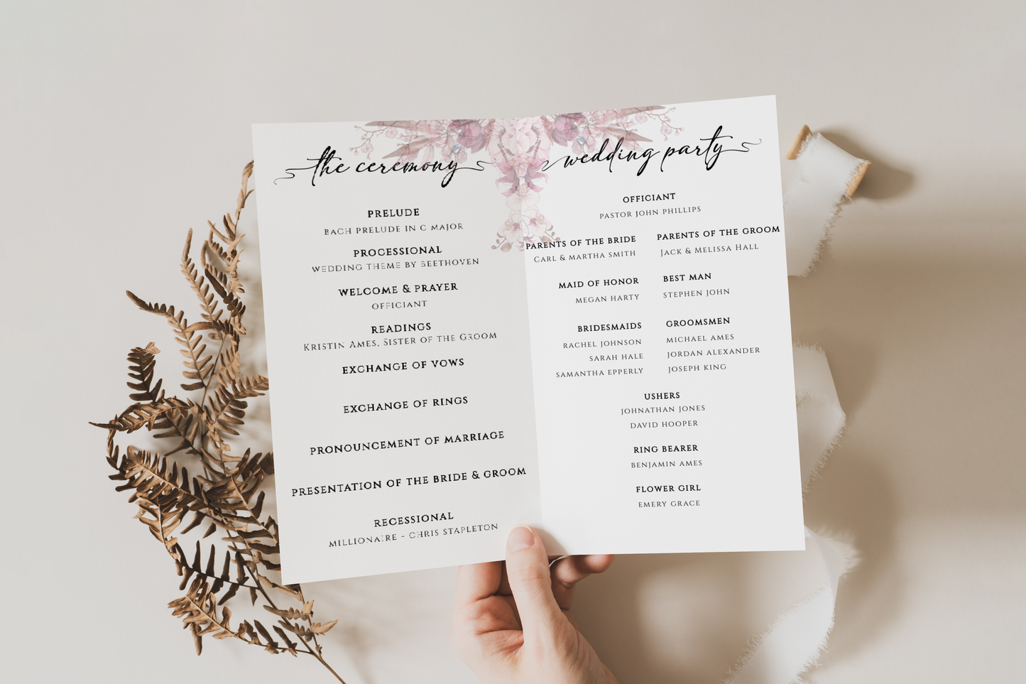 Mauve Boho Floral Classic Wedding Ceremony Program Downloadable Template