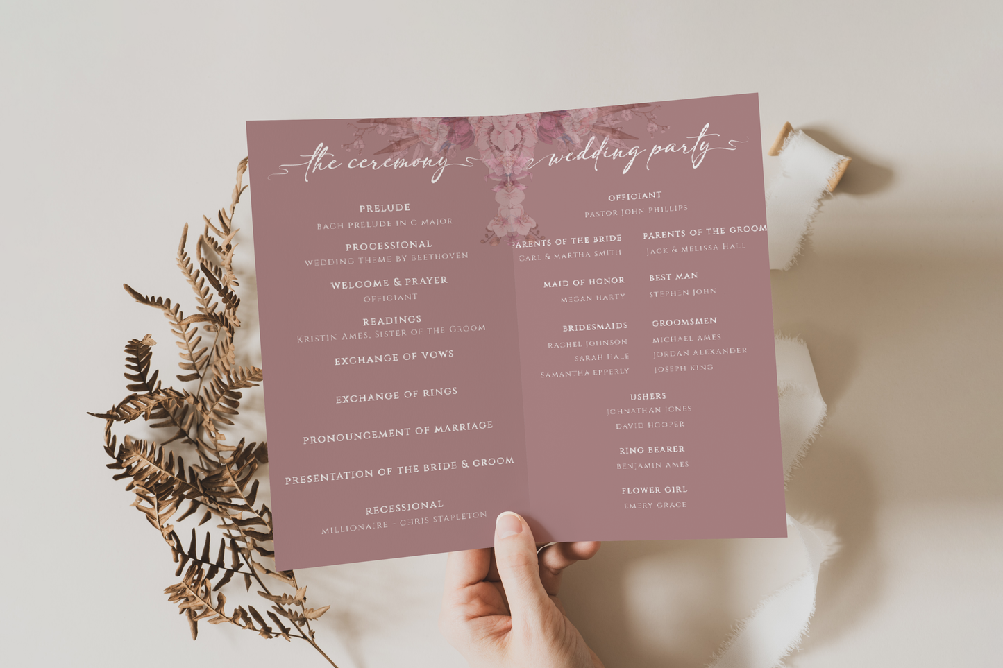 Mauve Boho Floral Classic Wedding Ceremony Program Downloadable Template