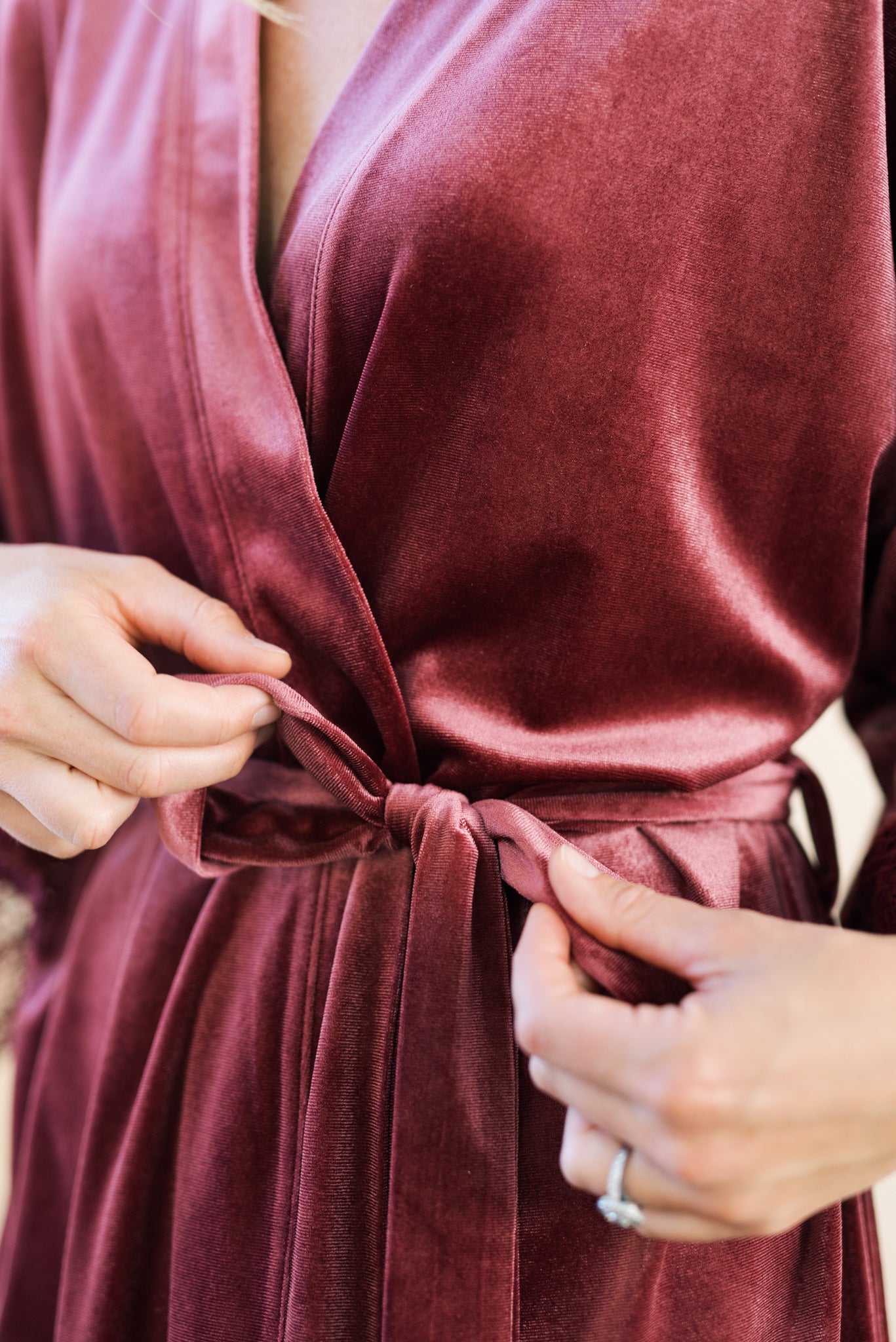 mauve velvet and lace robe close up of the outer sash