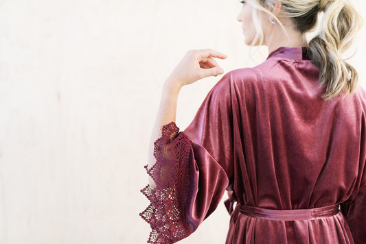 Mauve Velvet and Lace Bridal Robe For The Wedding Day