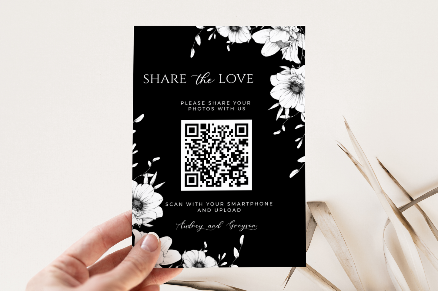 Share The Love Black Anemone Wedding Photo Sharing Sign With QR Code