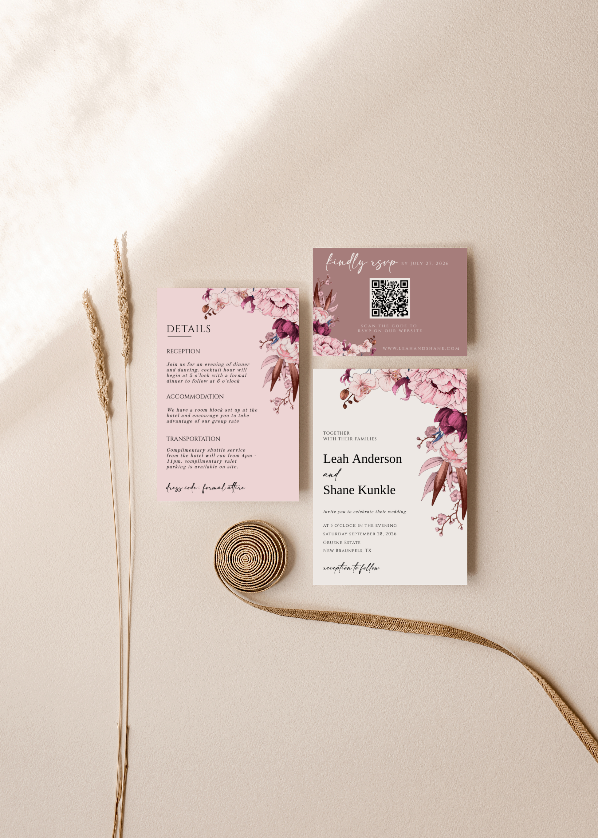 Mauve Floral Wedding Invitation Suite