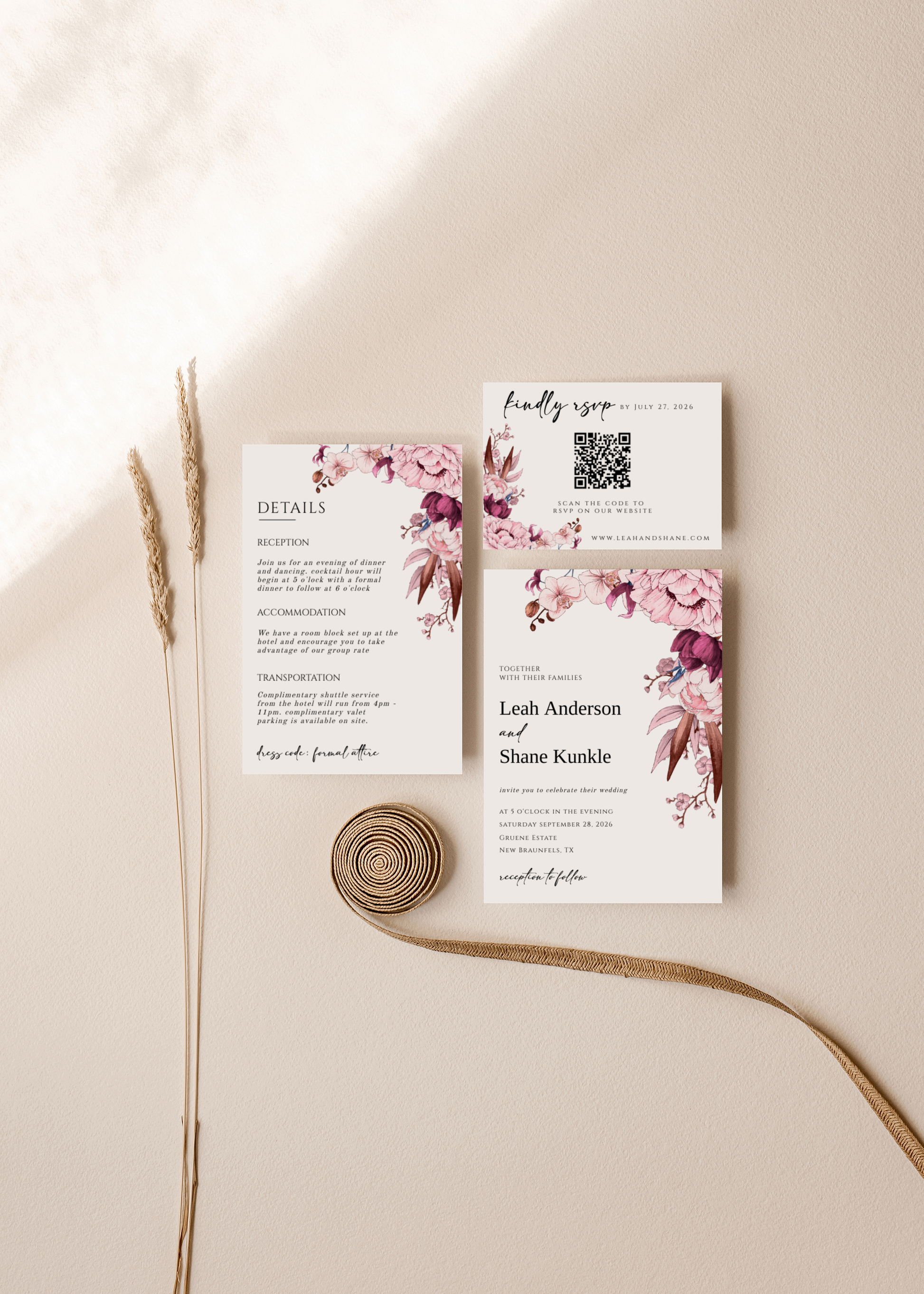 White With Pink Florals Wedding Invitation Suite
