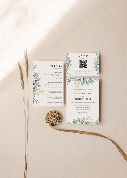 Greenery Eucalyptus Wedding Invitation Set With QR Code