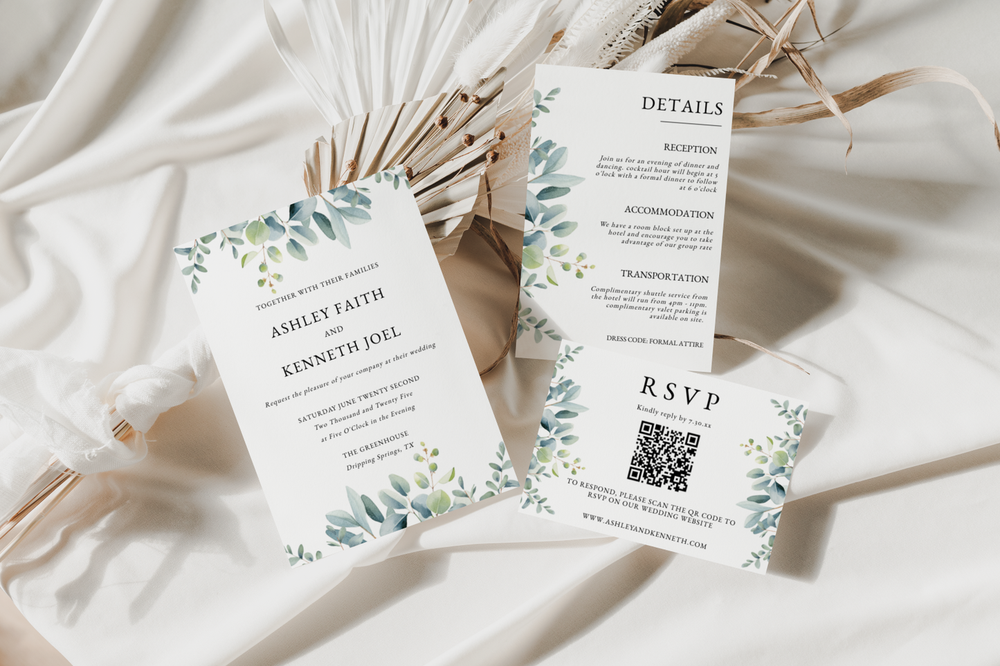 Greenery Eucalyptus Wedding Invitation Set With QR Code EWP003
