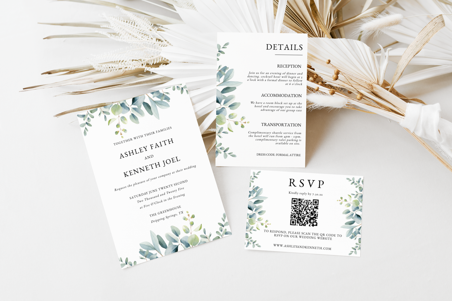Greenery Eucalyptus Wedding Invitation Set With QR Code EWP003