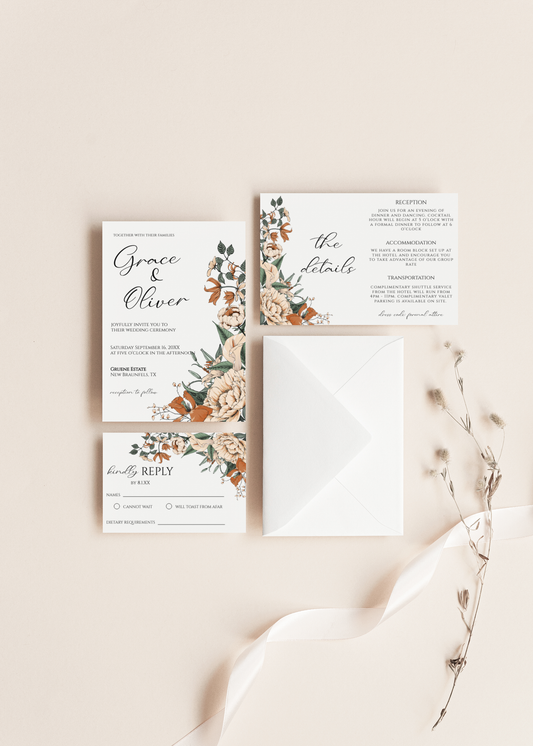 Cream and Burnt Orange Floral Wedding Invitation Suite