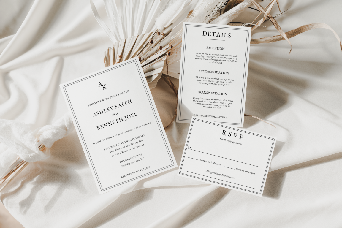 Modern Monogram Wedding Invitation Suite With Border