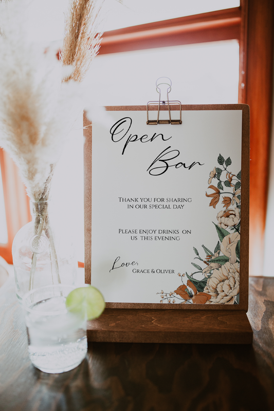 Cream and Burnt Orange Floral Open Bar Sign Template