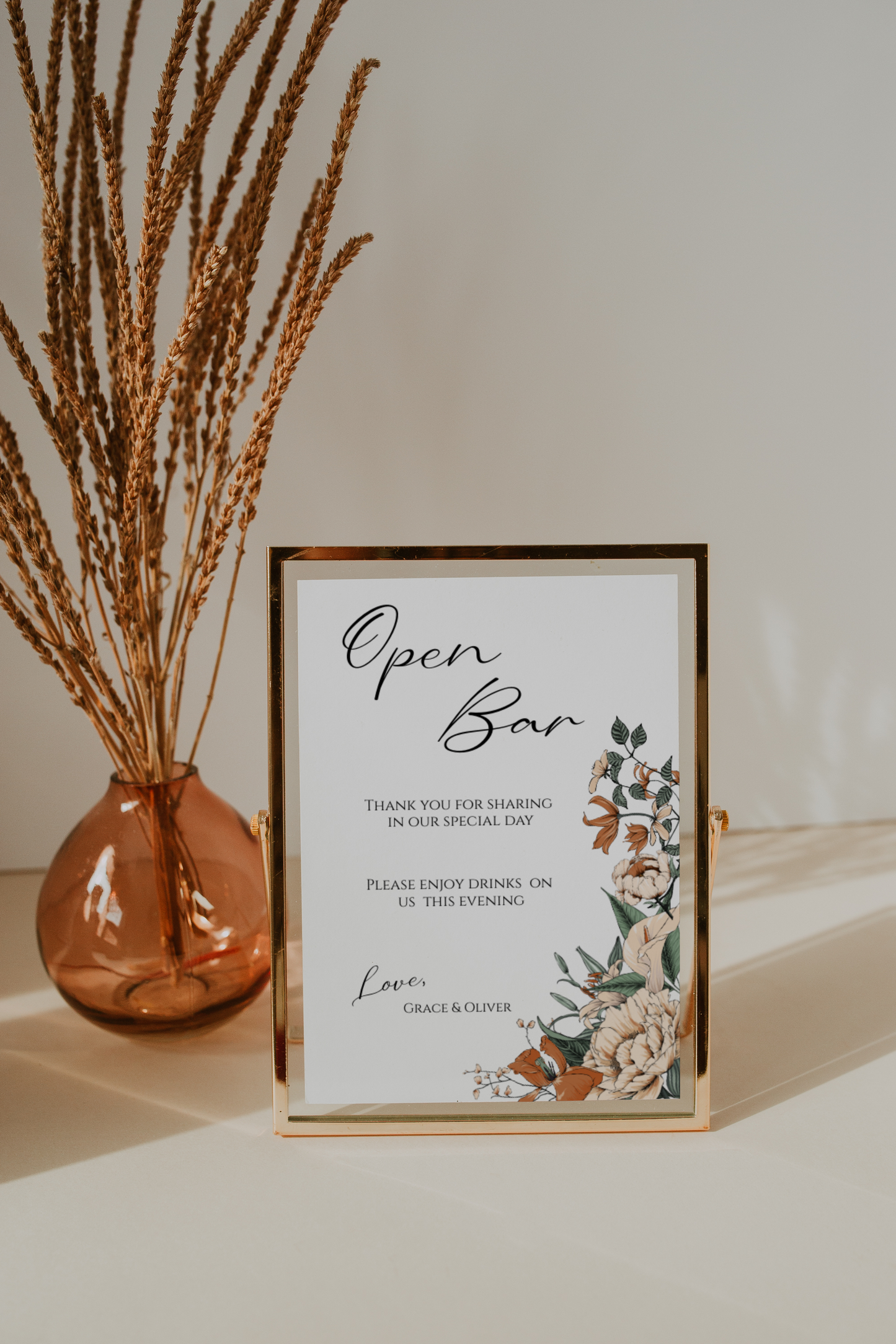 Cream and Burnt Orange Floral Open Bar Sign Template