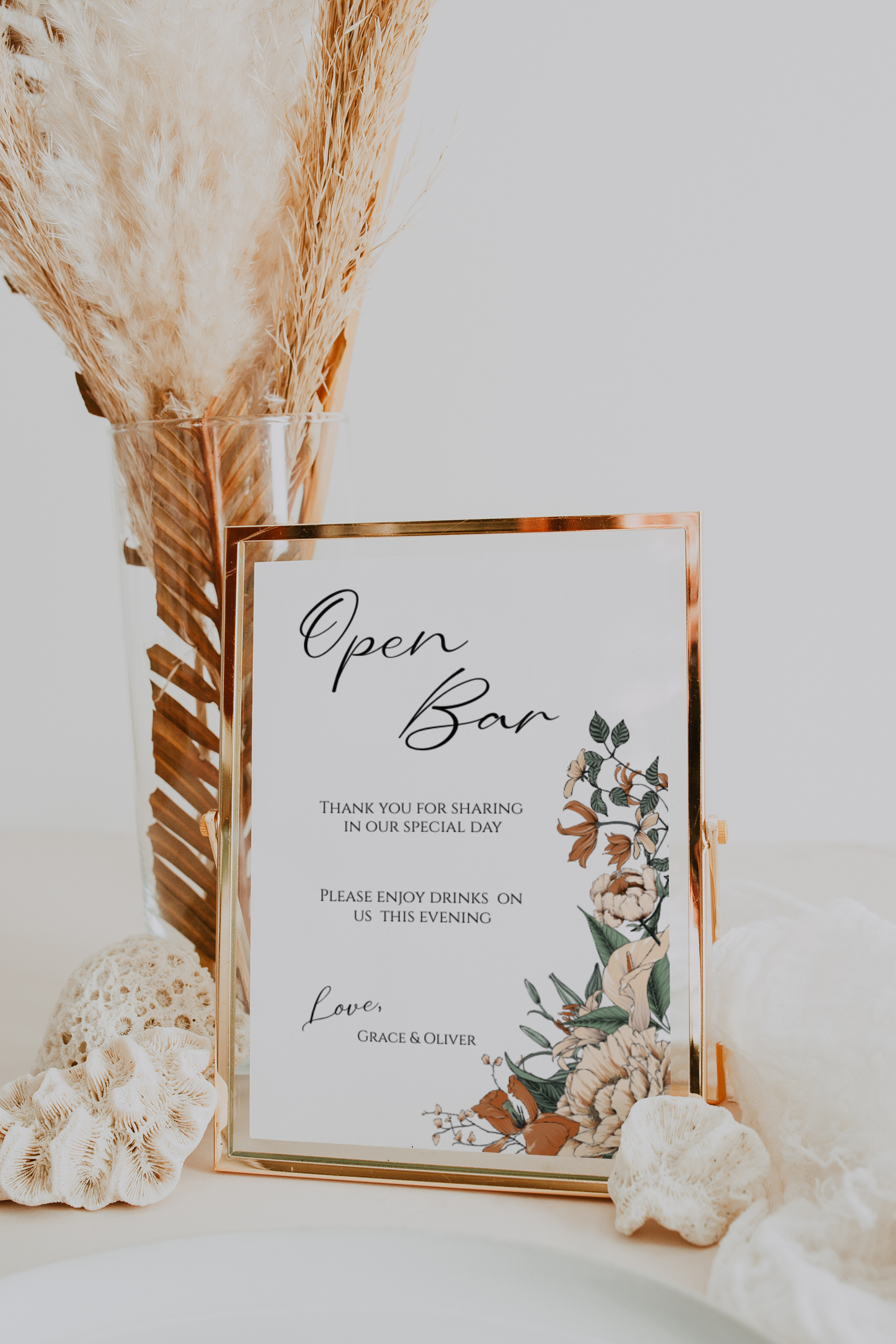 Cream and Burnt Orange Floral Open Bar Sign Template