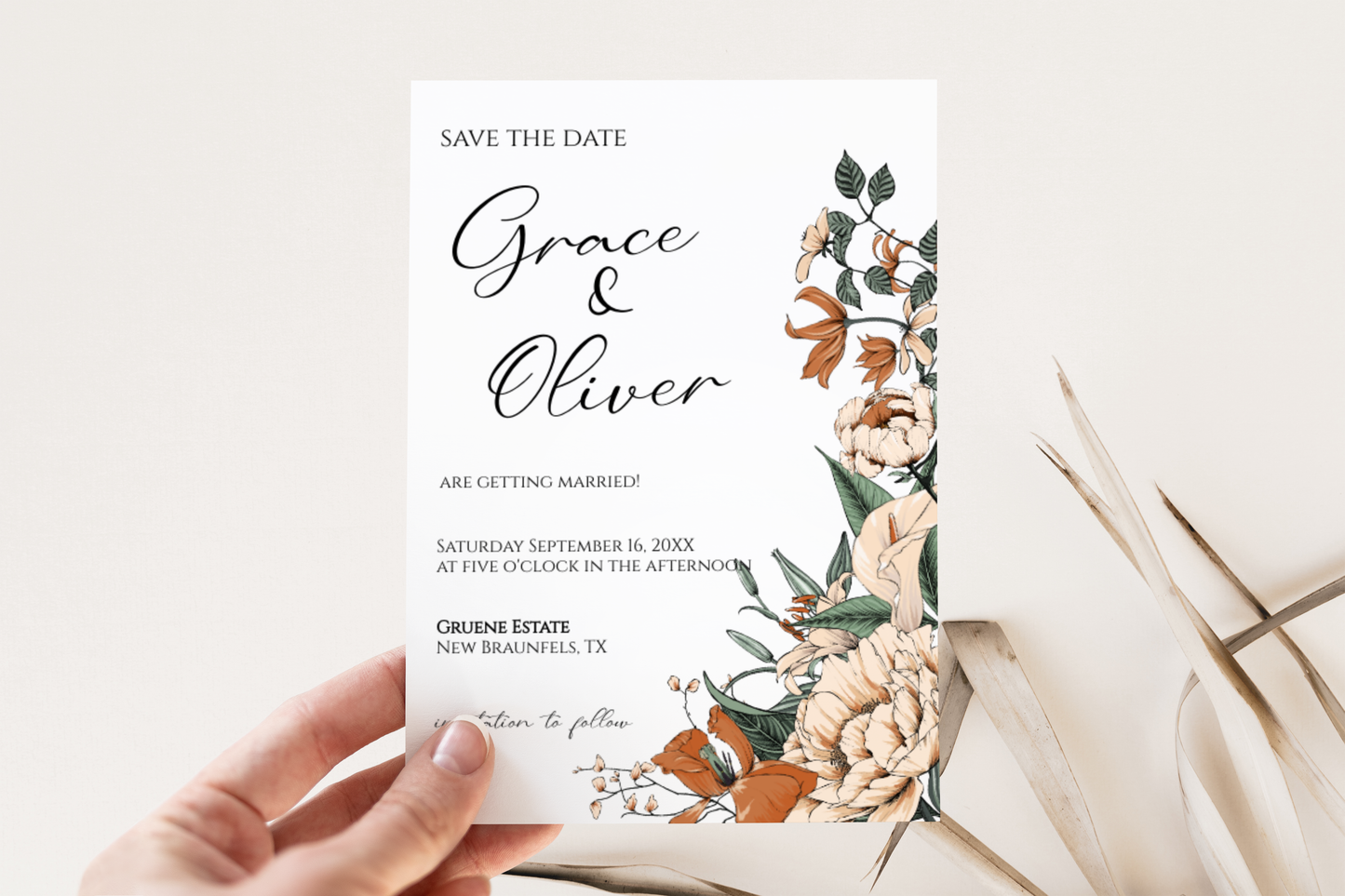 Cream and Burnt Orange Floral Save The Date Template