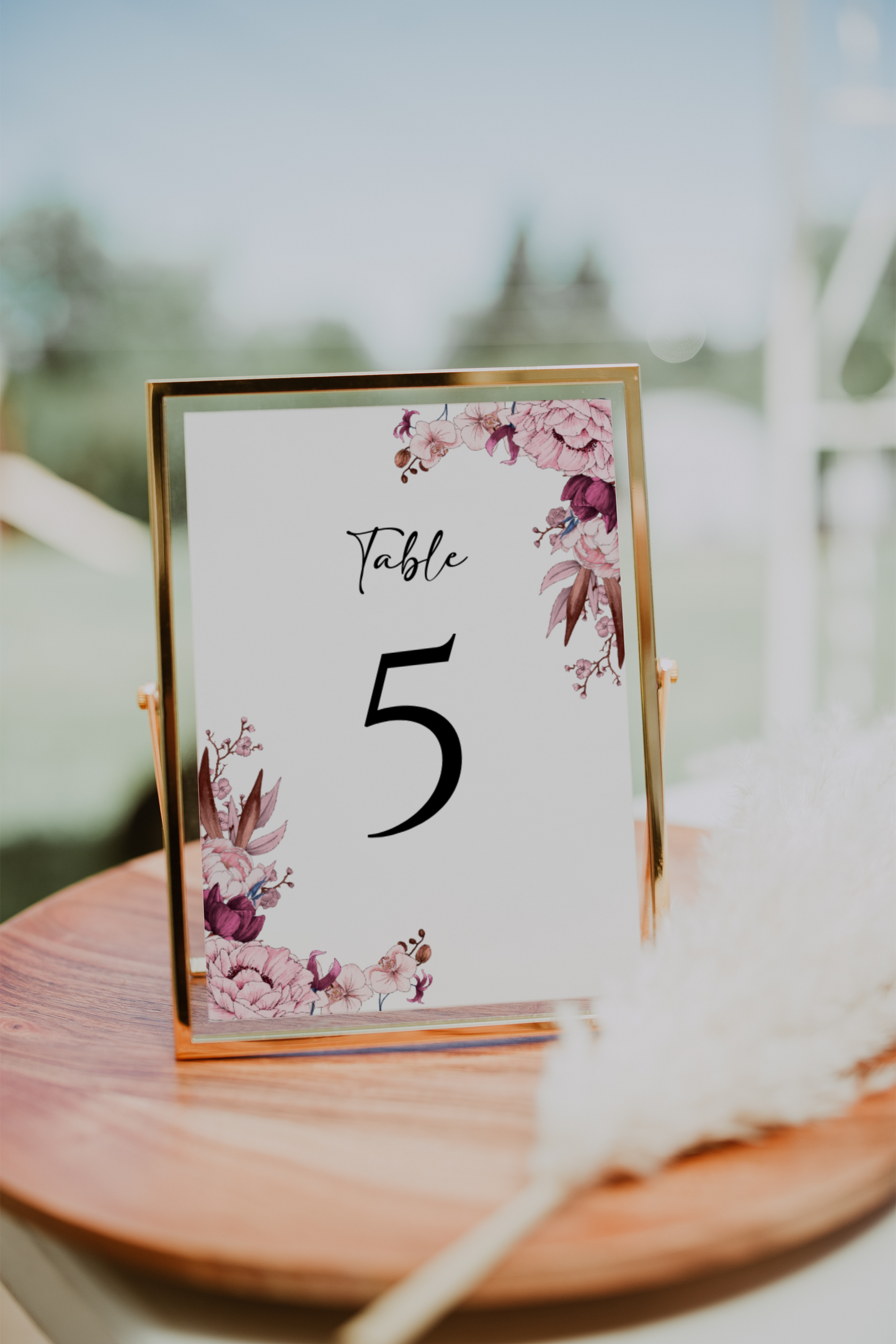 White, Light Pink and Mauve Floral Table Number Sign Template EWP004