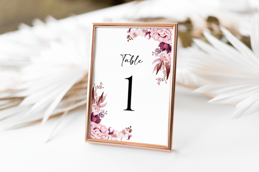 White, Light Pink and Mauve Floral Table Number Sign Template EWP004