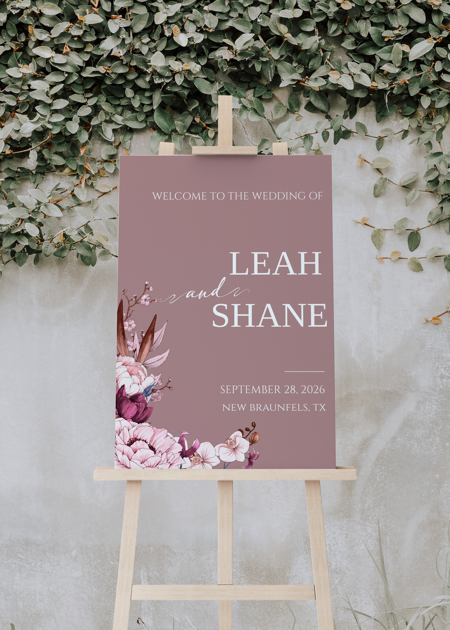 White, Light Pink and Mauve Floral Wedding Welcome Sign Template EWP004