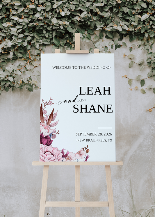 White, Light Pink and Mauve Floral Wedding Welcome Sign Template EWP004