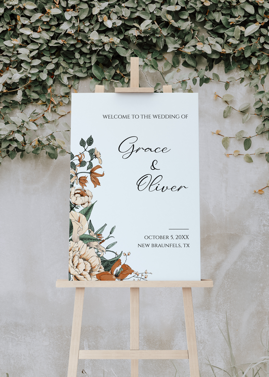 Cream and Burnt Orange Floral Wedding Welcome Sign Template