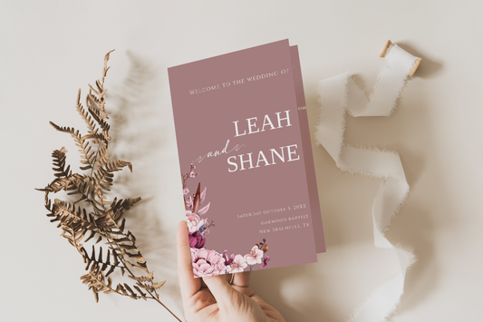 Mauve Boho Floral Classic Wedding Ceremony Program Downloadable Template EWP004