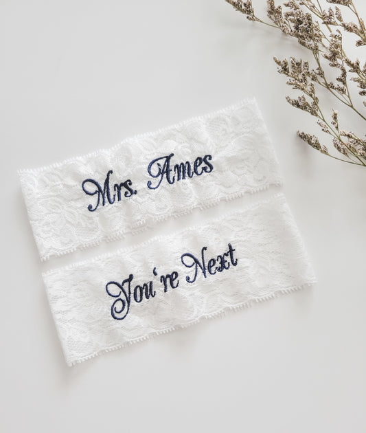 White Lace Embroidered Bridal Garter Set