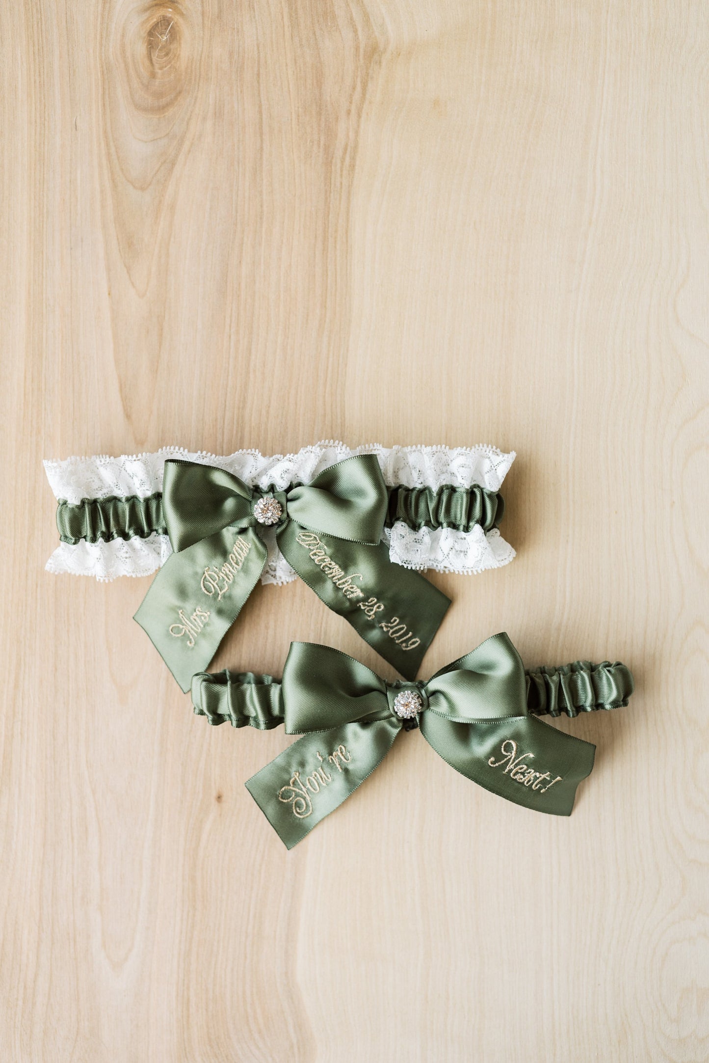 Moss Green Bridal Garter Set With Embroidered Ribbons
