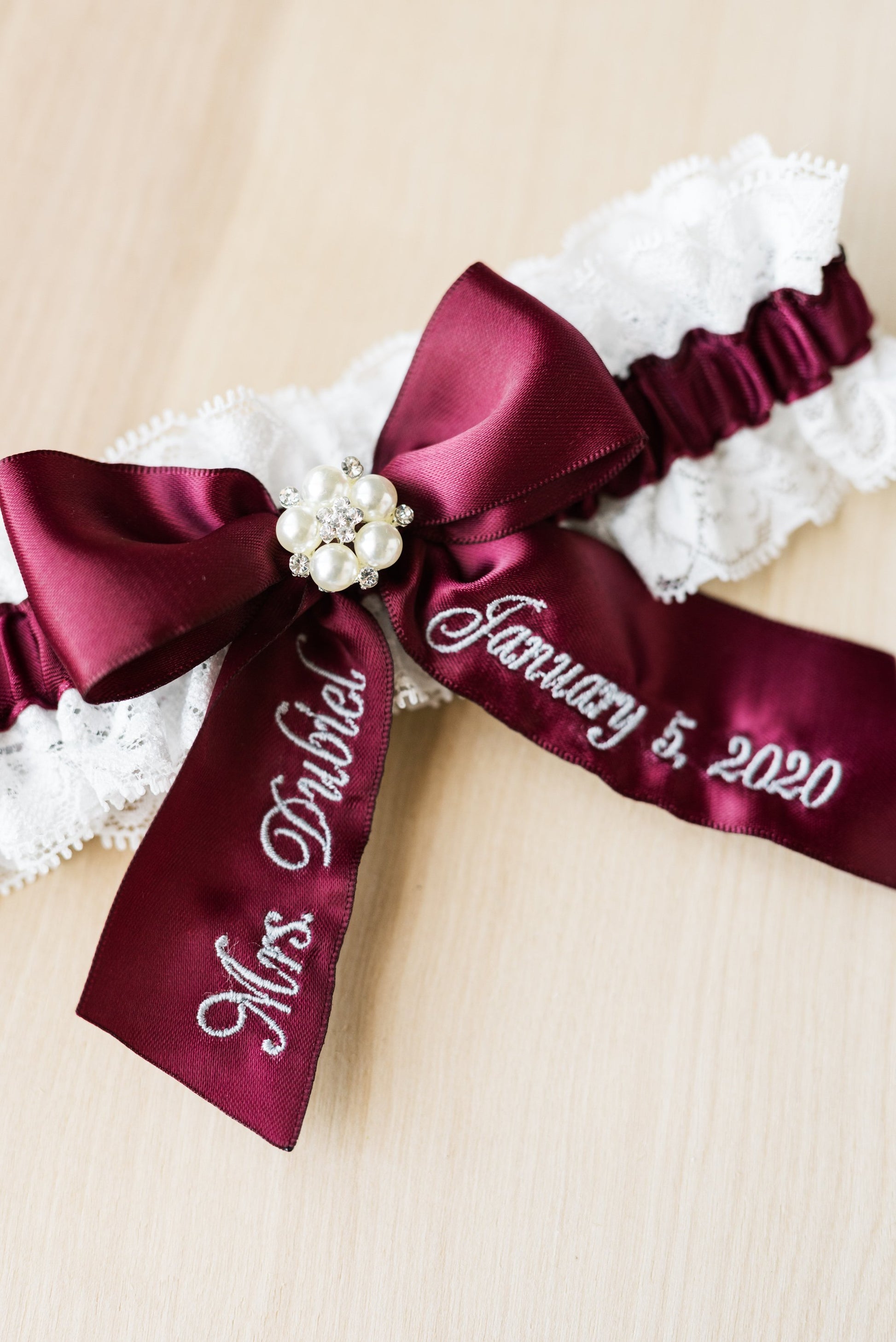 Wine Bridal Garter Set with Pearl Center