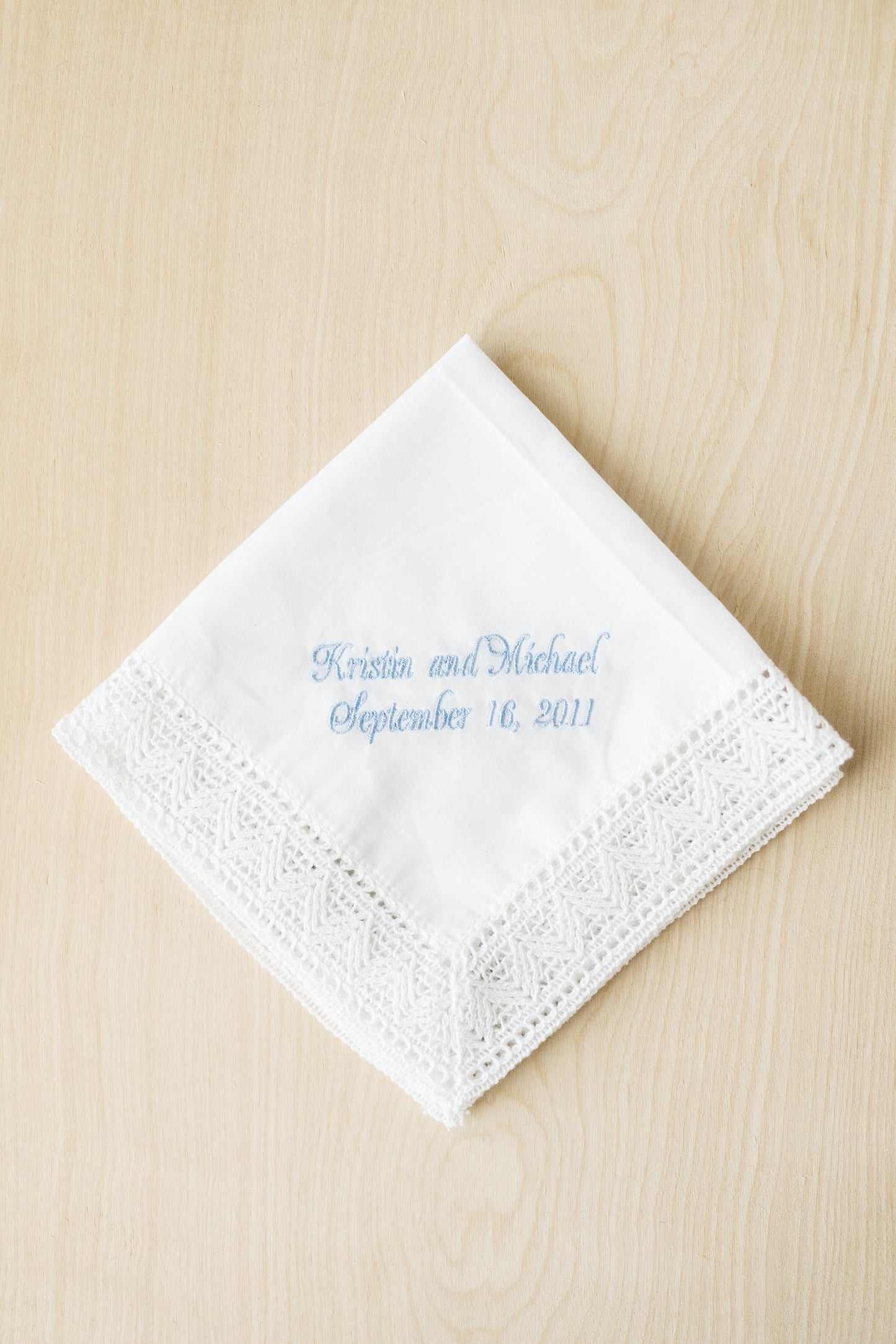 Chapel Lace Handkerchief Embroidered With Light Blue Thread