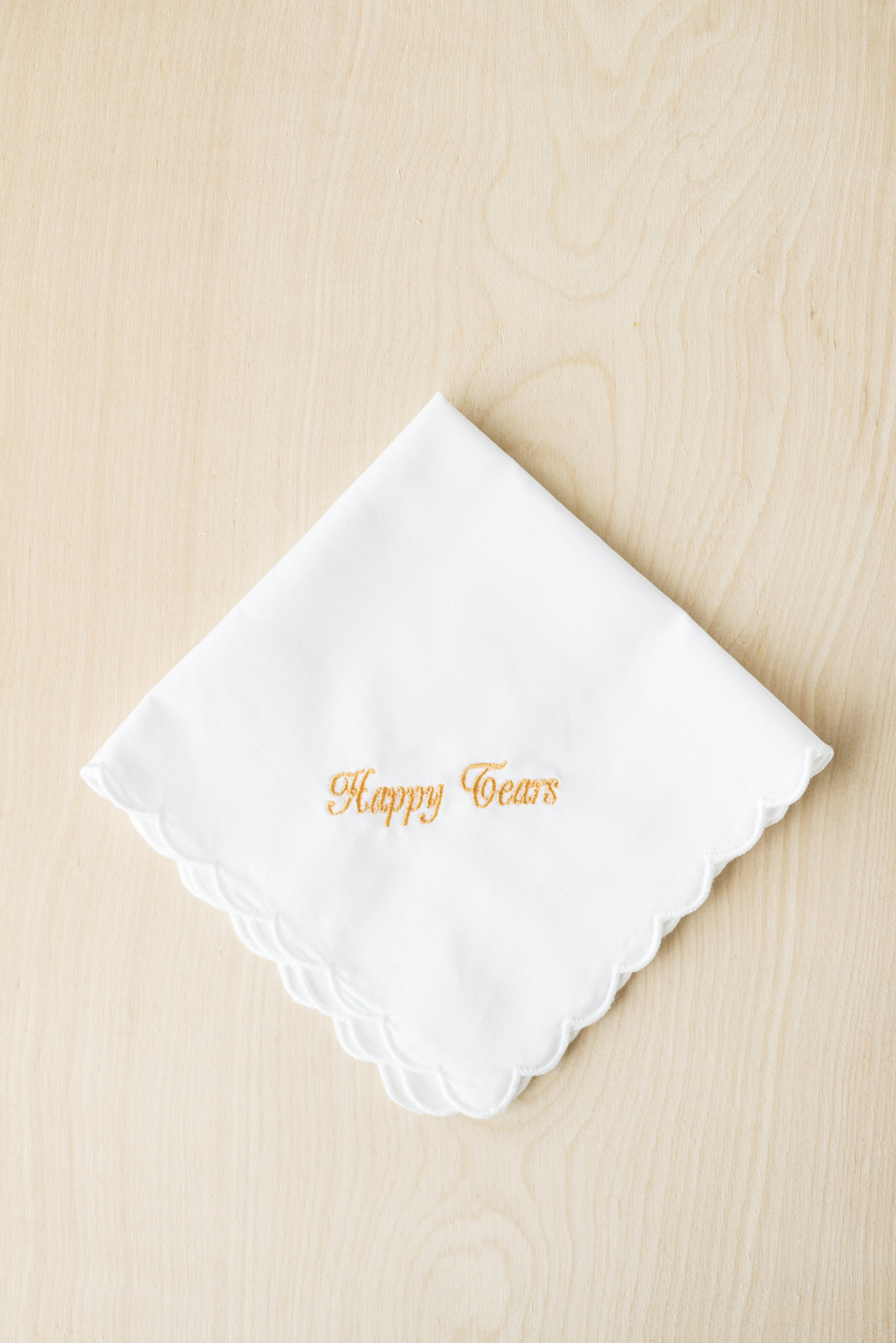 Scallop Edge Handkerchief Embroidered With Gold Thread