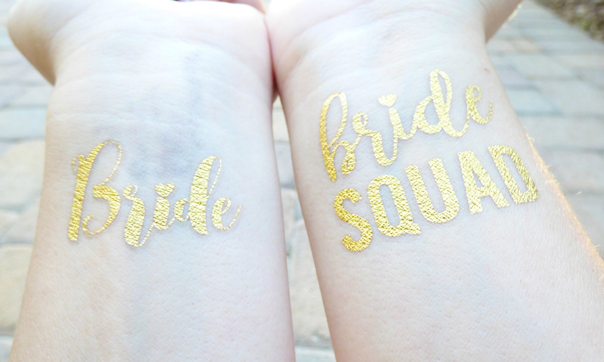 Bride and Bride Squad temporary tattoos on wrist for bachelorette party